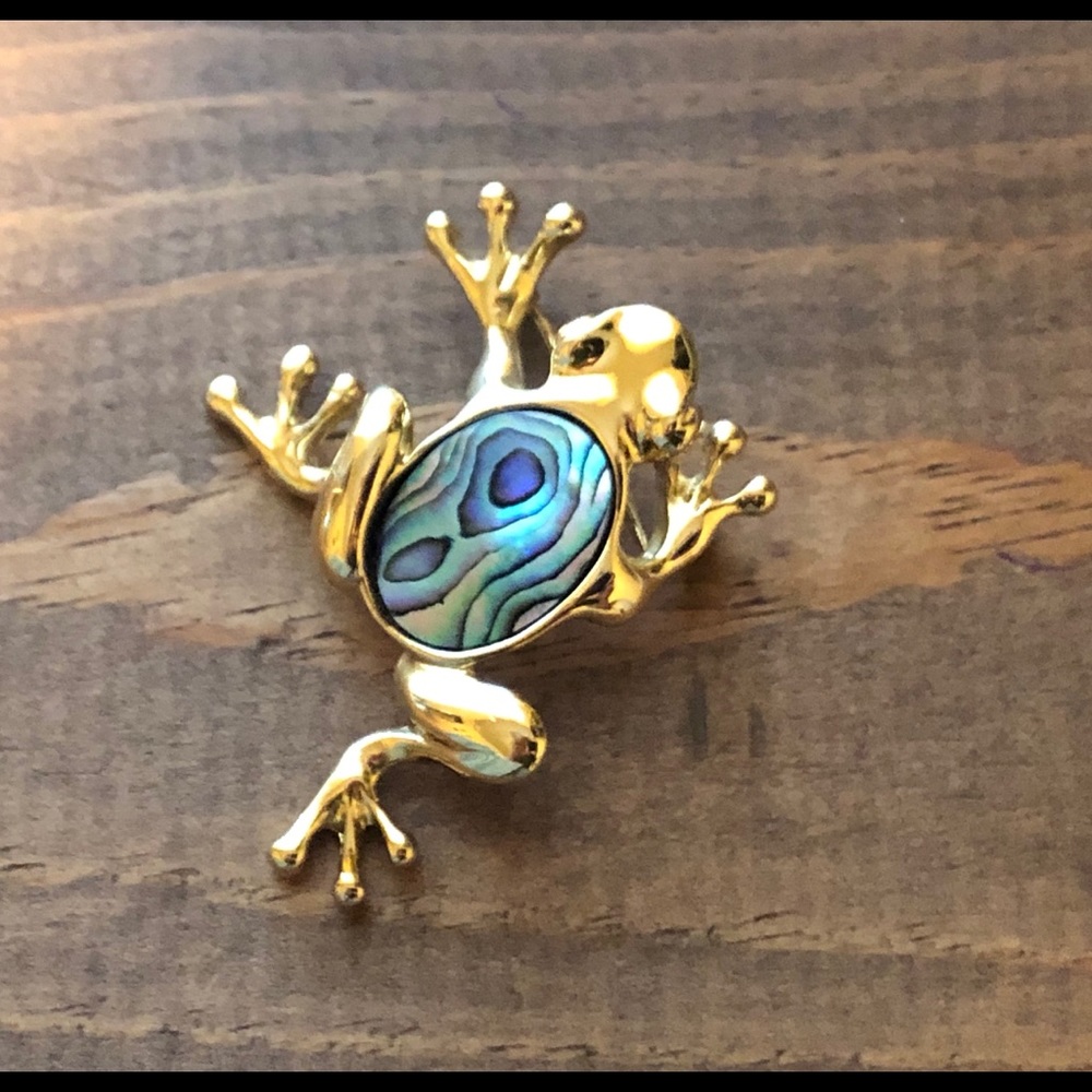 Gold and Aqua Blue Frog Brooch